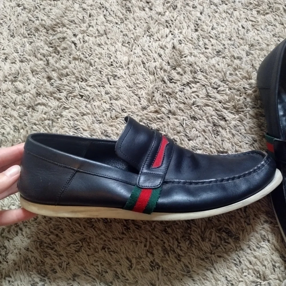 GUCCI FLAG Black Leather Boat Deck Loafers sz 9